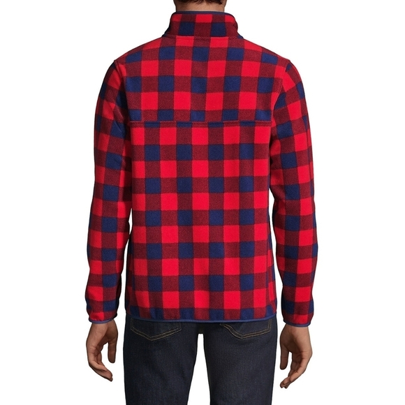 Lands End Heritage Fleece Snap Neck Pullover Red Navy Buffalo Checkers LARGE - Picture 2 of 7